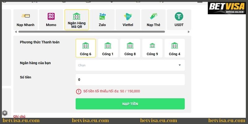 Nạp tiền Betvisa - Hướng dẫn giao dịch nhanh và hiệu quả 2 Nạp qua ngân hàng QR siêu tiện lợi và đơn giản tại Betvisa