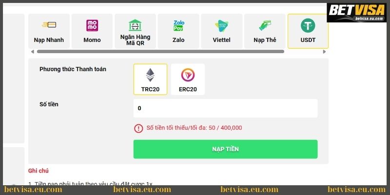 Nạp tiền Betvisa - Hướng dẫn giao dịch nhanh và hiệu quả 3 Nạp qua USDT cực kỳ nhanh chóng tại Betvisa