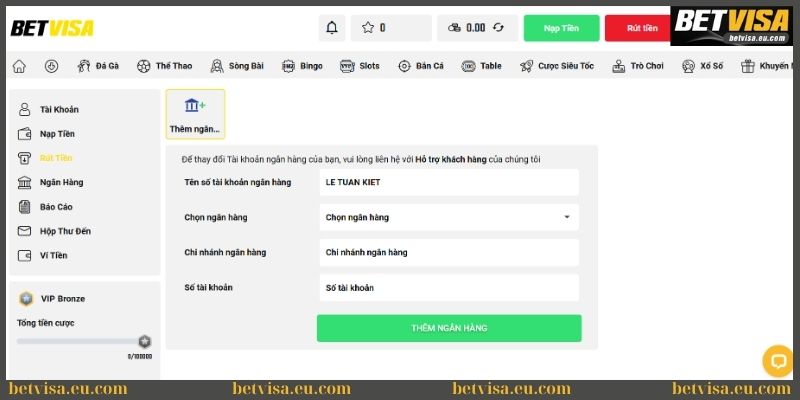 Rút tiền Betvisa - Hướng dẫn thao tác đạt chuẩn từ A đến Z 2 Cập nhật thông tin ngân hàng tại Betvisa