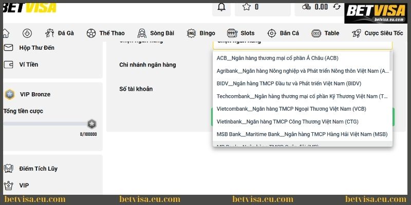 Rút tiền Betvisa - Hướng dẫn thao tác đạt chuẩn từ A đến Z 4 Betvisa hỗ trợ rút tiền qua nhiều ngân hàng uy tín
